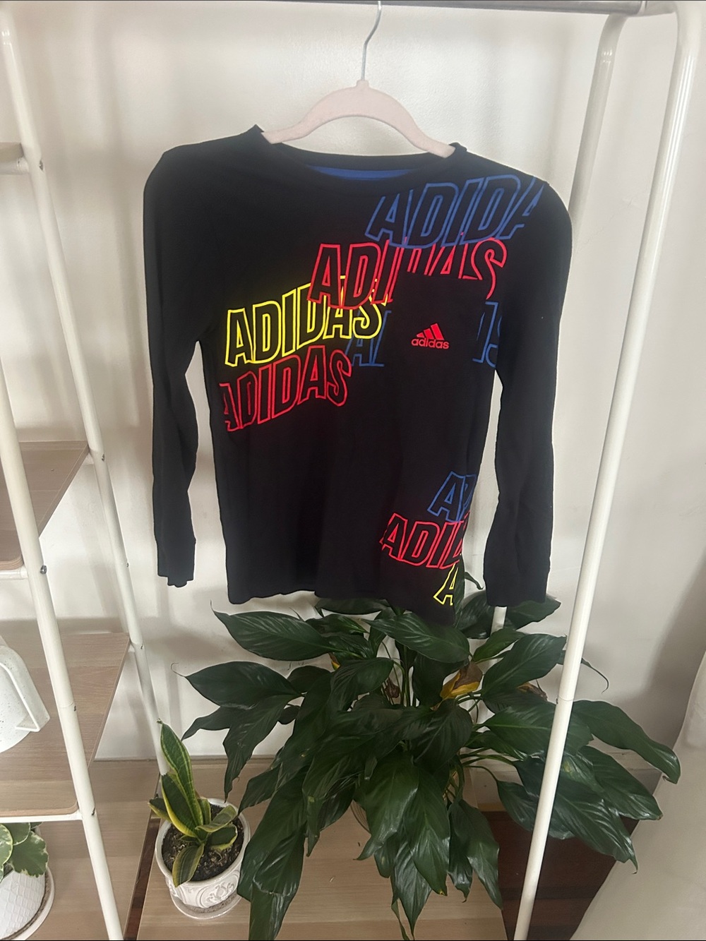 Adidas Black Long-Sleeve Tee with Neon Logo Prints